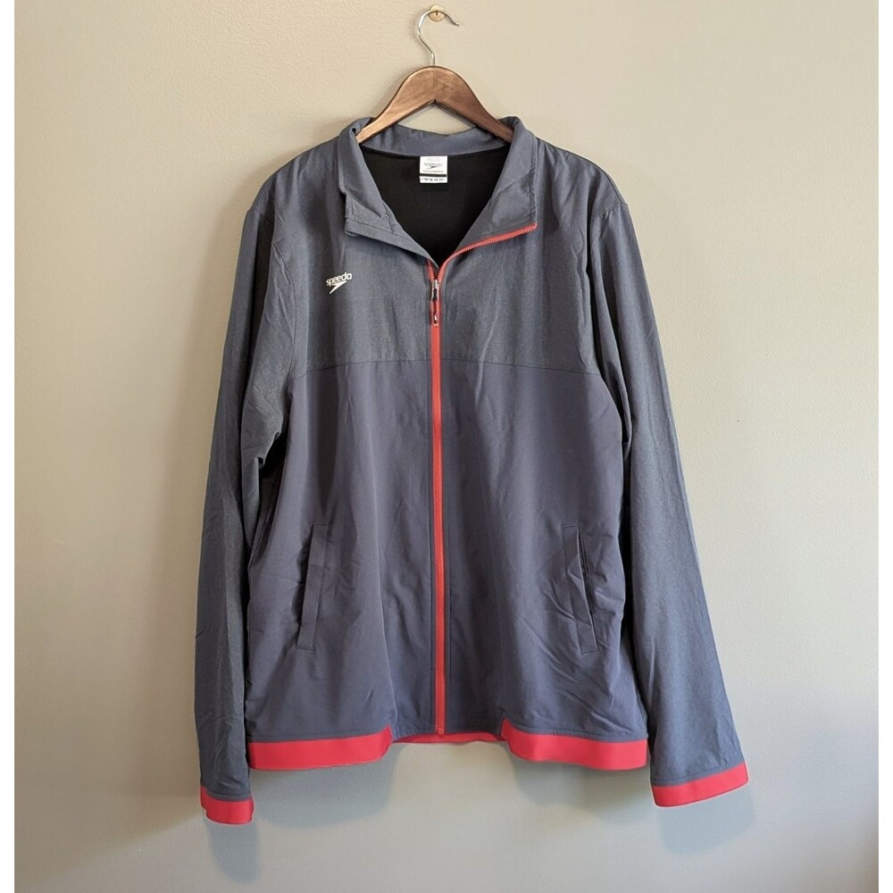Speedo Mens 2XL Warm Up Jacket Gray Red Full Zip Swimming Team Track Coat XXL